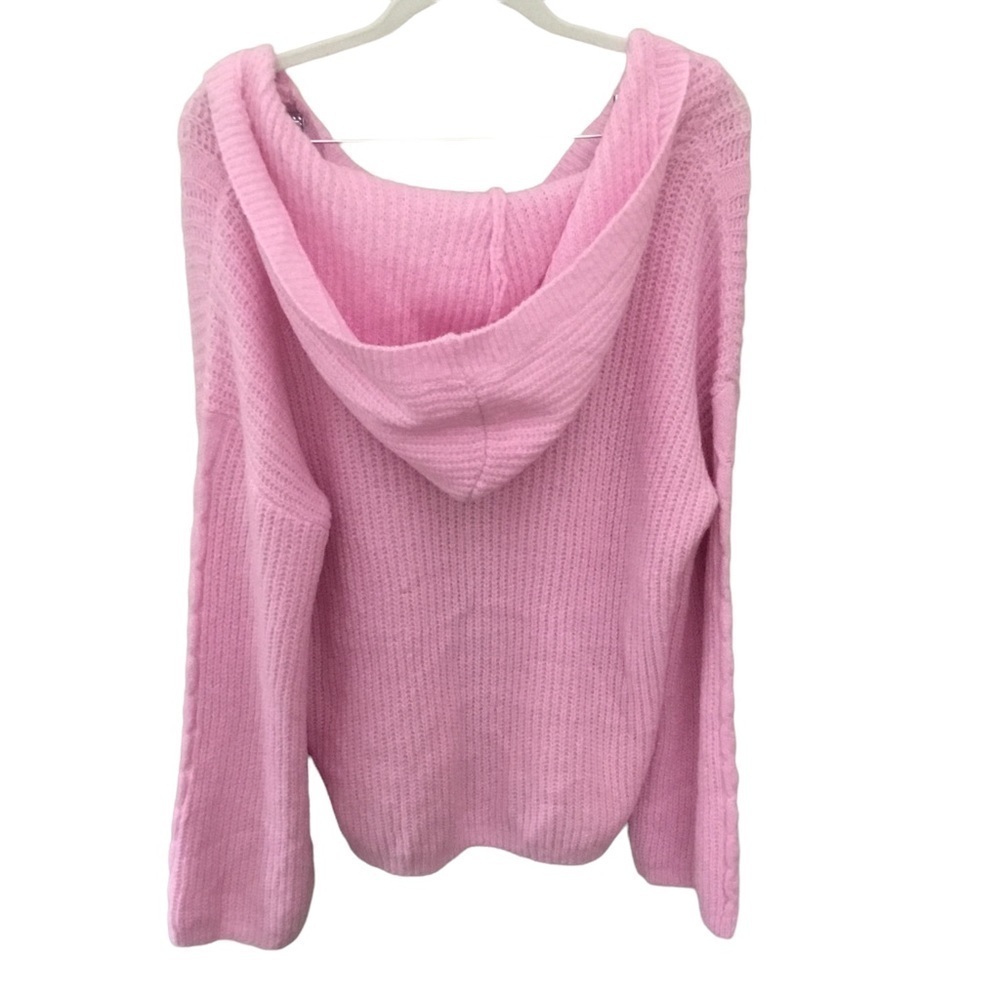Kikit Hooded V-Neck Pullover Long Sleeve Cable Knit Fuzzy Pink Sweater - Picture 4 of 9